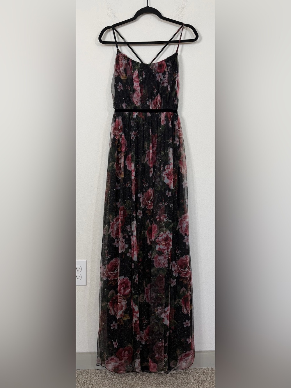 City Triangles Dark Floral Maxi Dress Gown Mesh Glitter Whimsigoth New Size 9